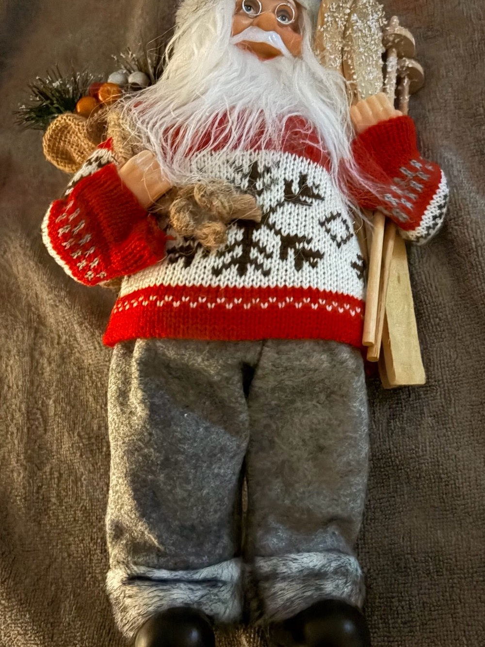 Festive Santa Figurine in Red Nordic Sweater and Gray Pants